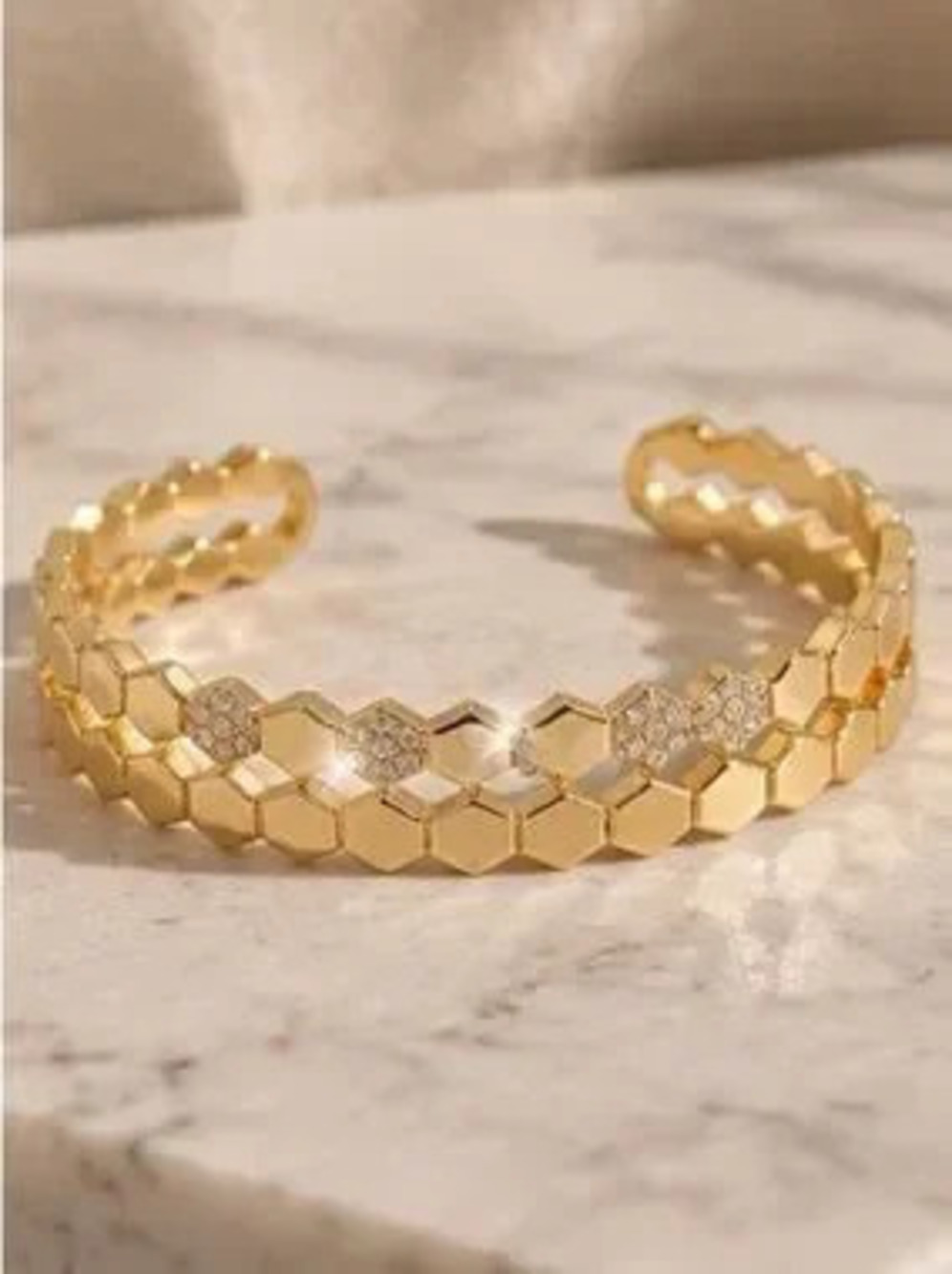 Gold Honeycomb Pave Open Cuff Bracelet